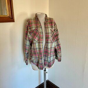 VTG Cotton Courage Sportswear Flannel Plaid Pink Soft Worn Button Front 90s